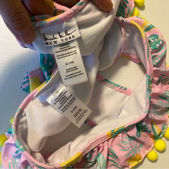 Nicole Miller 2 PC Tropical Pink Green Pom Pom Bikini Swimsuit UPF 50 Girl S 7/8 - Picture 8 of 10